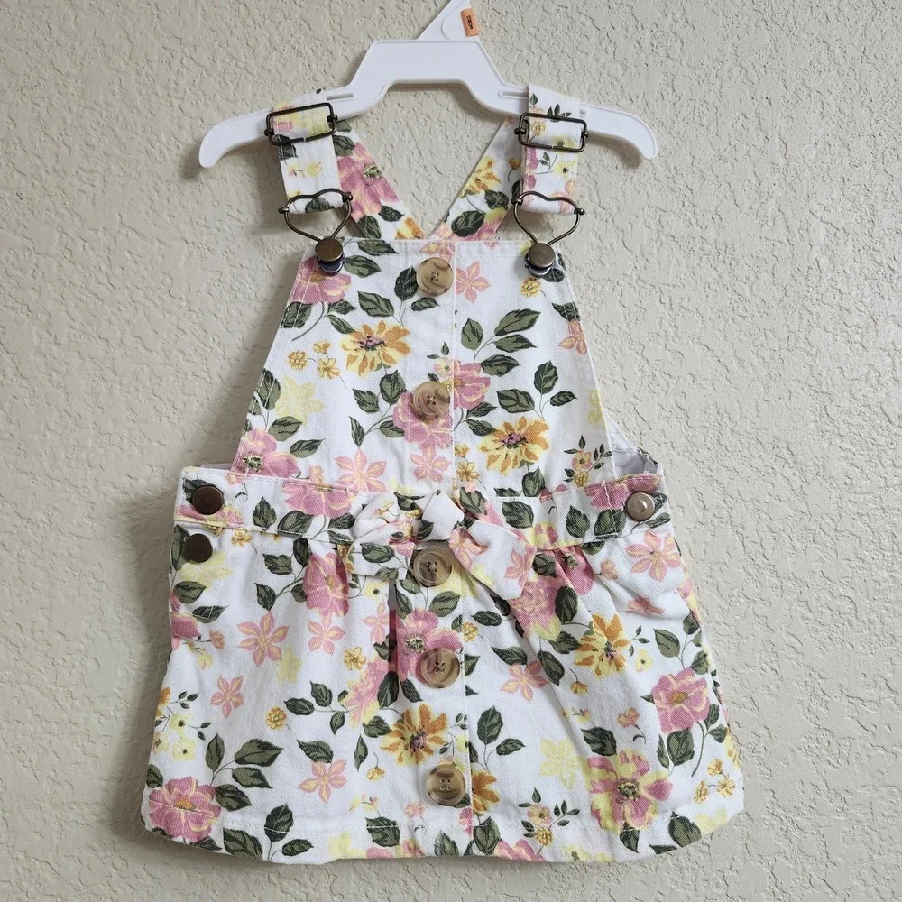 Little Lass Girls Size‎ 12M Floral Print Overall Denim Dress Pink Yellow White